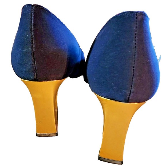 Vintage 80's Navy Pumps by Ramon Tenza RED Made in Spain Sz 8 Gold Cut Out Heel - Picture 3 of 8